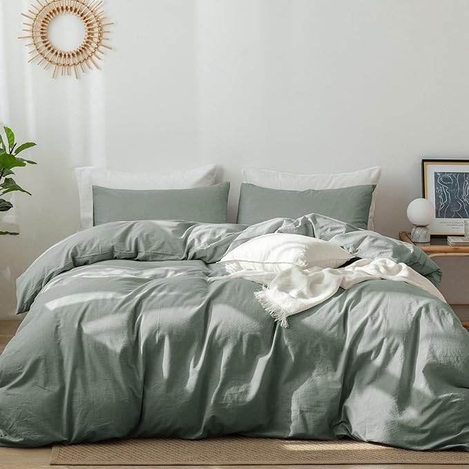 MooMee Bedding Duvet Cover Set 100% Washed Cotton Linen Like Textured Breathable Durable Soft Comfy (Heathered Green, Palatial King/Oversized King 120"x98")