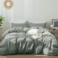 MooMee Bedding Duvet Cover Set 100% Washed Cotton Linen Like Textured Breathable Durable Soft Comfy (Heathered Green, Palatial King/Oversized King 120"x98")