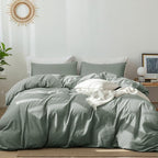 MooMee Bedding Duvet Cover Set 100% Washed Cotton Linen Like Textured Breathable Durable Soft Comfy (Heathered Green, Palatial King/Oversized King 120"x98")