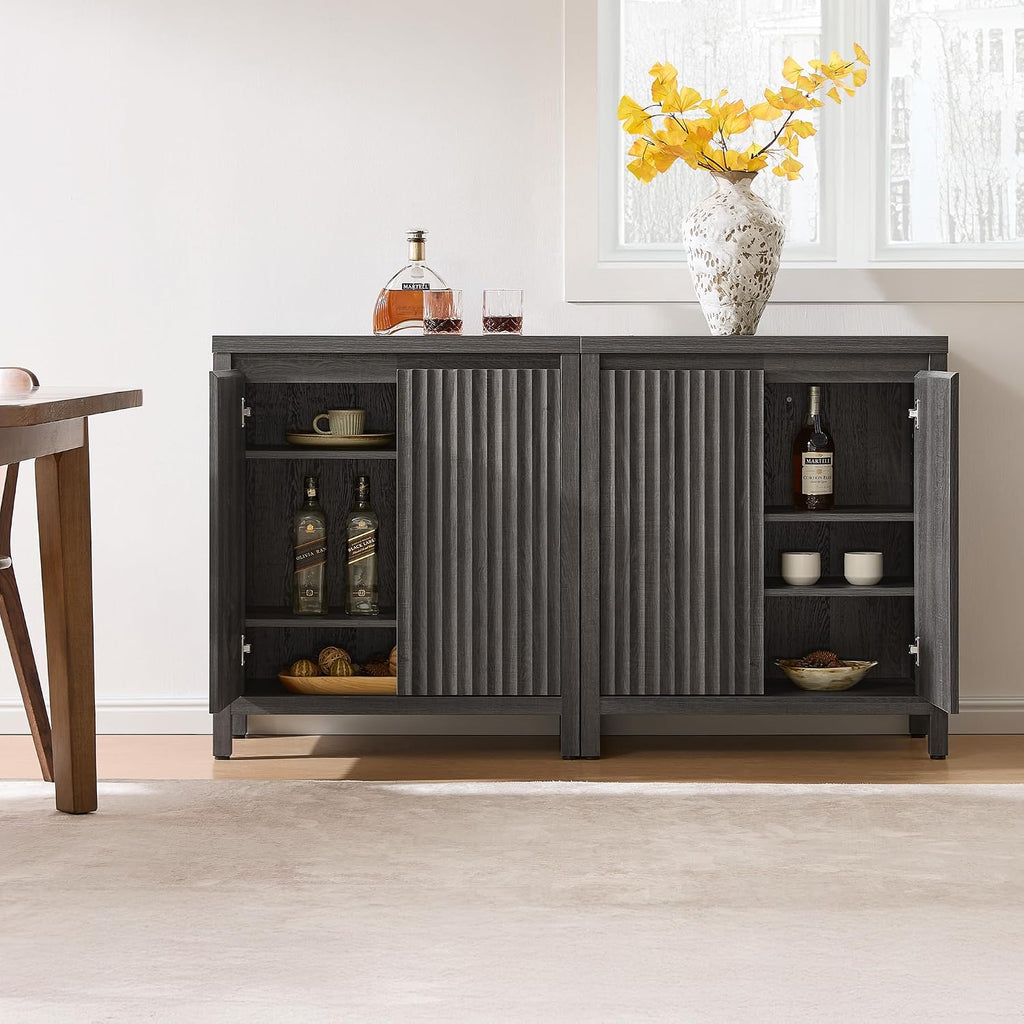 SICOTAS Sideboard Buffet Cabinet with Storage, Fluted Credenza Console Cabinet with Adjustable Shelves, Modern Coffee Bar Storage Cabinet for Kitchen, Living Room, Entryway, Black Oak, 3 PCS