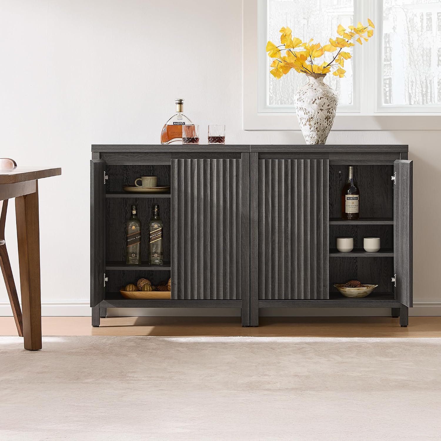 SICOTAS Sideboard Buffet Cabinet with Storage, Fluted Credenza Console Cabinet with Adjustable Shelves, Modern Coffee Bar Storage Cabinet for Kitchen, Living Room, Entryway, Black Oak, 3 PCS