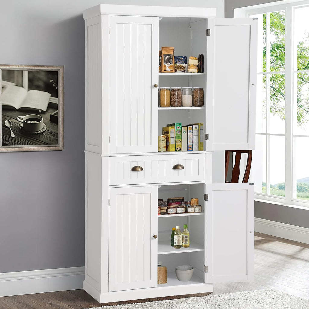 KIGOTY 72" Tall Kitchen Pantry Cabinet with Drawer and 4 Adjustable Shelves, Freestanding Pantry Storage Cabinets, Wood Cupboard Pantry Cabinet for Kitchen, Dining Room, Living Room, Off White