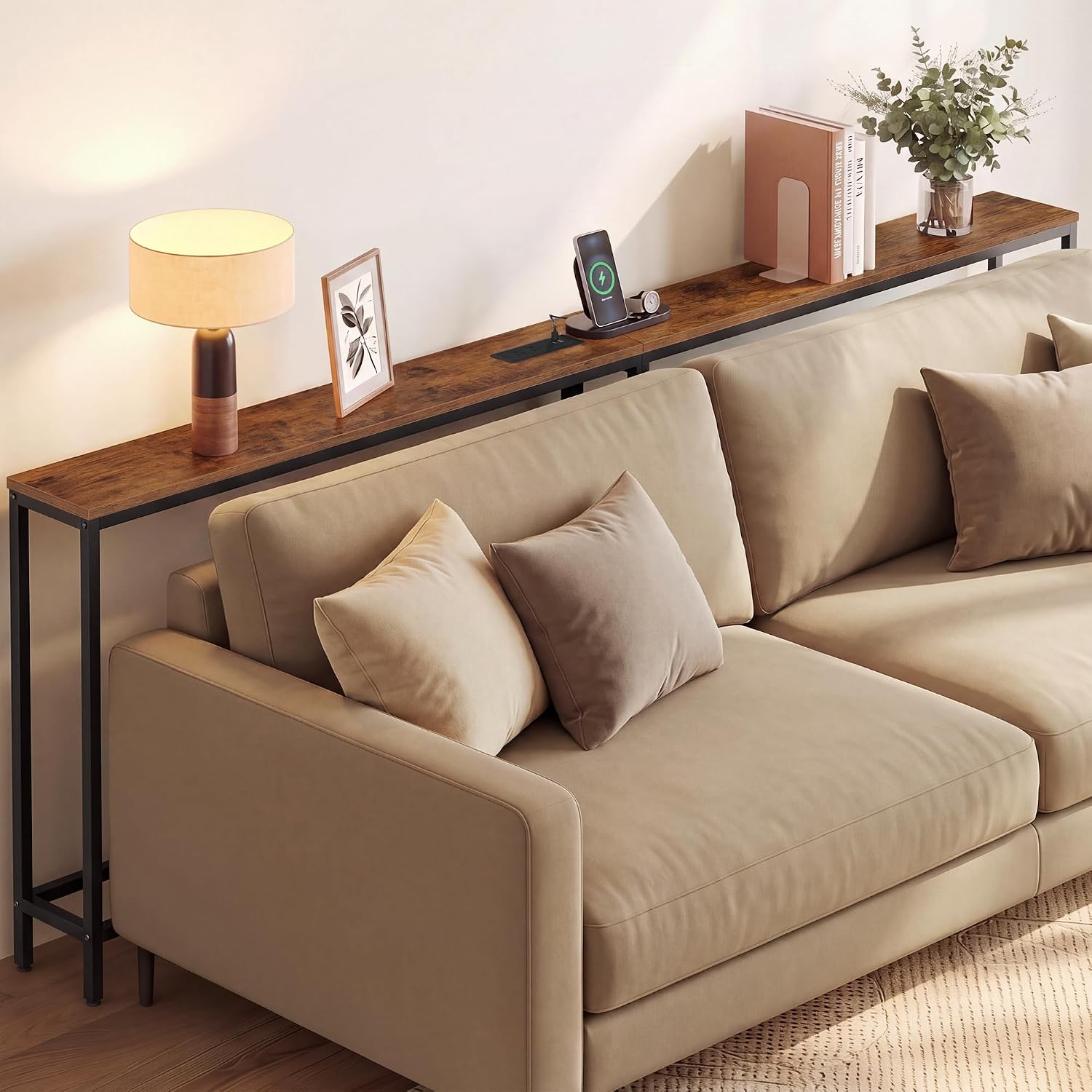 VASAGLE Narrow Console Table with Power Outlet, Behind Couch Sofa Tables, Easy Assembly, for Entryway, Living Room, 5.9 x 78.7 x 31.5 inches, Rustic Brown and Ink Black, Barnet Collection ULNT077K101