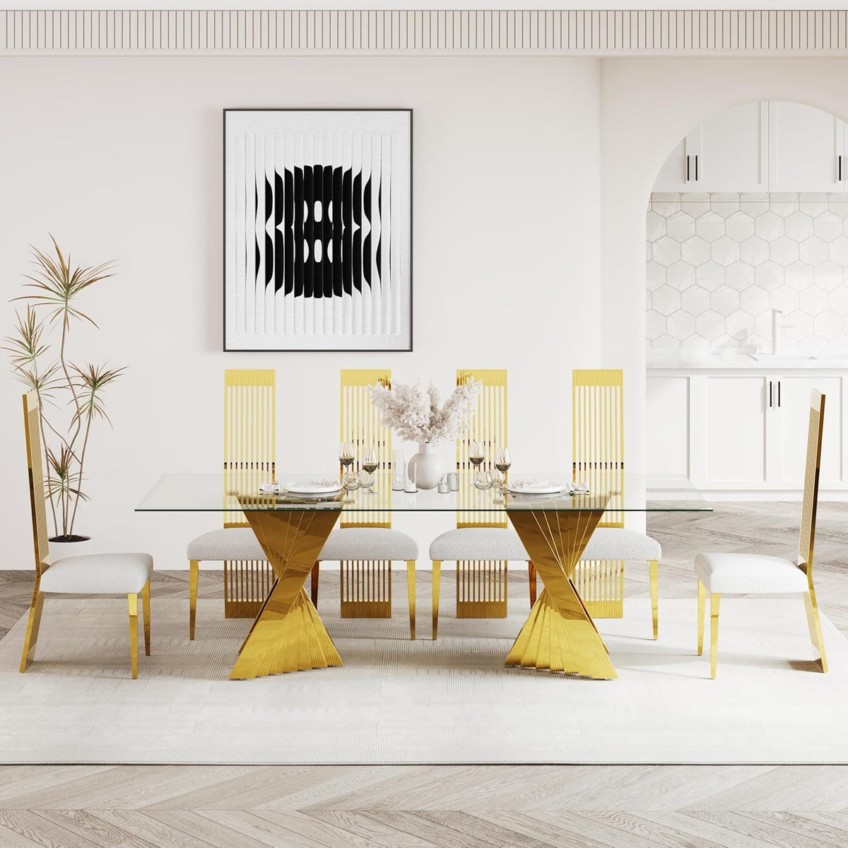 White and Gold Dining Chairs Set of 2, Upholstered Boucle Dining Room Chairs with Slatted Polished Stainless Steel High Back and Legs, Modern Luxury Kitchen Room Chairs