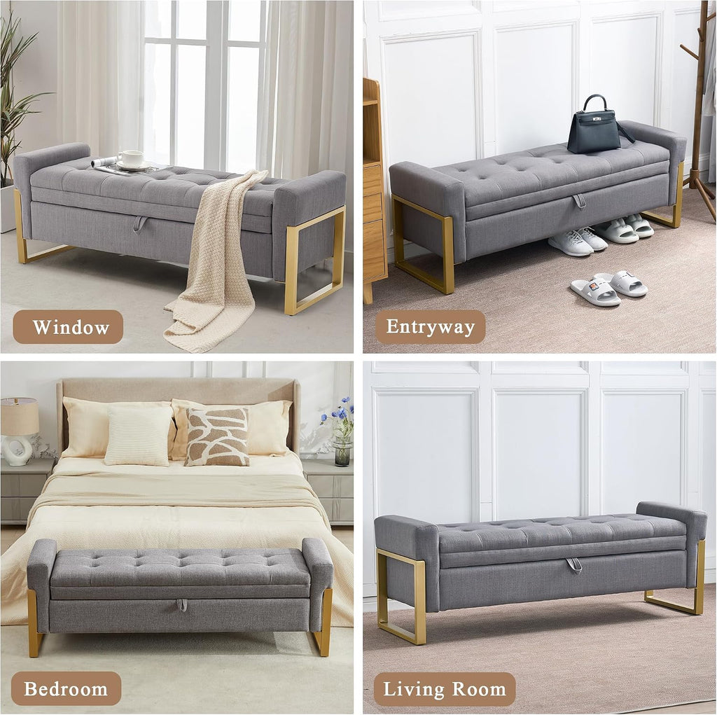 57" Storage Ottoman Bench，Upholstered Linen End of Bed Bench Entryway Storage Bench for Living Room,Light Grey