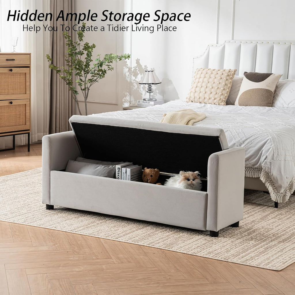 Storage Bench for Bedroom, 55" End of Bed Bench for King Size Bed, Modern Upholstered Long Ottoman Bench with Arms and 2 Pillows for Living Room/Entryway (Grey)