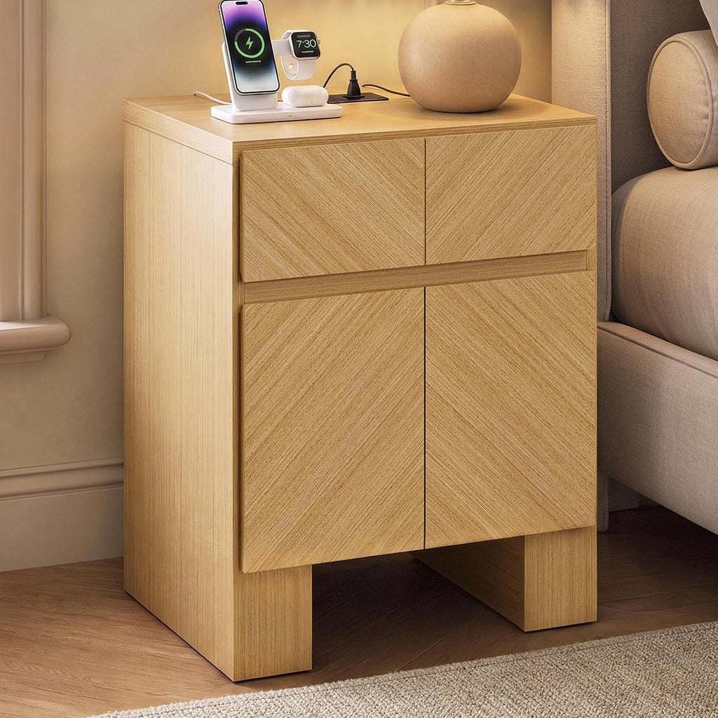 ModernMate Living Room Table Sets of 3, 70" Modern TV Stand & 2 Nightstands with Drawer, Wood Living Room Set with Charging Station & USB Ports, Chevron Pattern Design, Thick Legs, Natural Oak