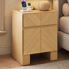 ModernMate Living Room Table Sets of 3, 70" Modern TV Stand & 2 Nightstands with Drawer, Wood Living Room Set with Charging Station & USB Ports, Chevron Pattern Design, Thick Legs, Natural Oak