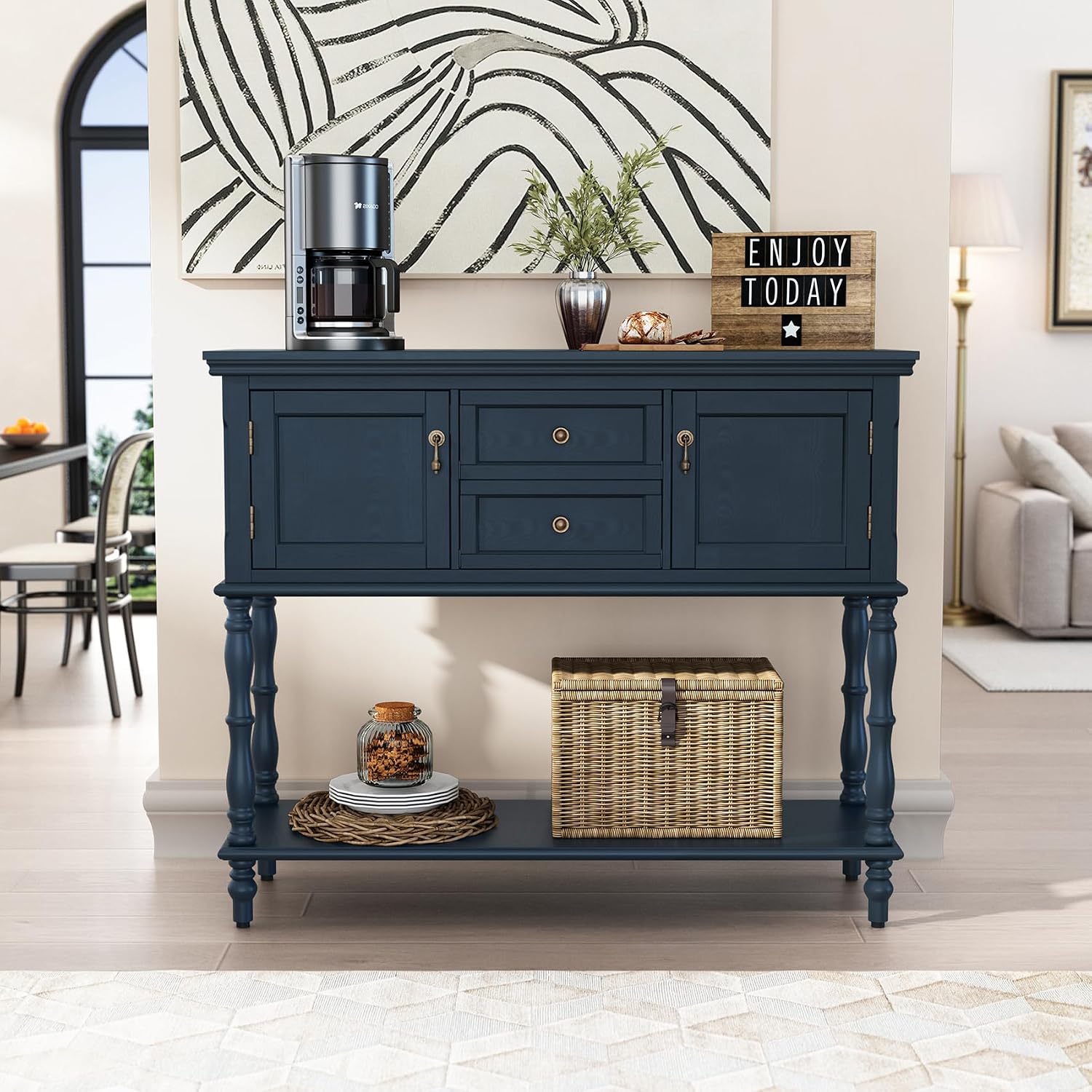ARTPOWER Console Table with 2 Drawers, Retro Entryway Table with 2 Door | Solid Wood Veneer Entry Table, Behind Couch Sofa Table with Open Storage Shelf for Living Room, Foyer, Hallway