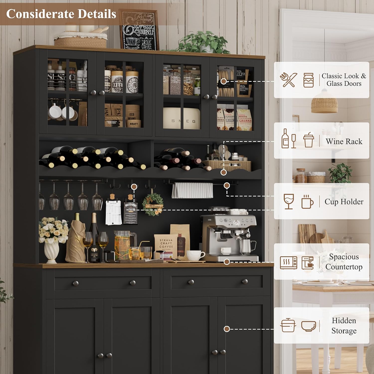 HOSTACK 75" Kitchen Pantry Storage Cabinet, Coffee Bar Hutch Cabinet, Black | Tall Pantry Cabinet with Charging Station / Wide Countertop / Glass Doors / Wine Rack / Cup Holder / Drawers, Dining Room