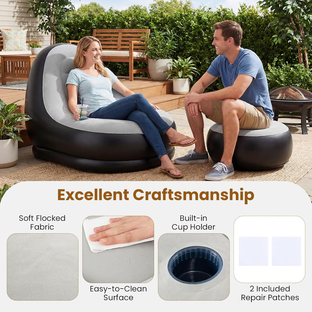DORTALA Inflatable Chair with Ottoman, Portable Blow Up Single Air Sofa with Footstool, Cup Holder and Repair Patches, Indoor Outdoor Air-Filled Chair for Camping, Gaming