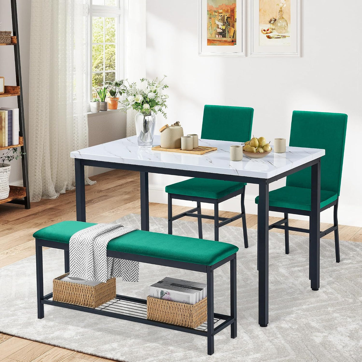 Dining Table Set for 4, 47.2" Faux Marble Kitchen Table Set with Upholstered Velvet Chairs and Bench, 4-Person Rectangular Space Saving Dinette Set for Apartment, Restaurant, Home (Green)