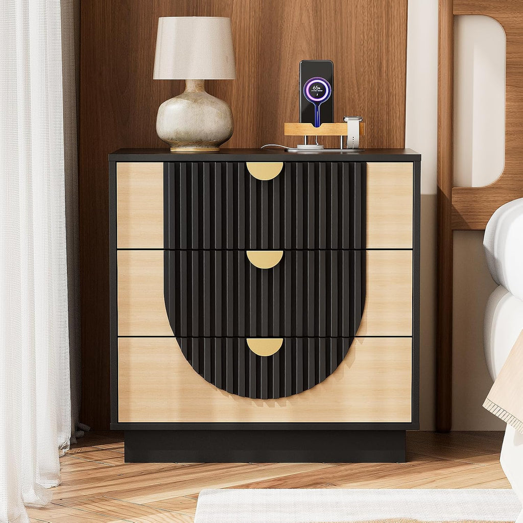 3 Drawer Nightstand with Charging Station, 28" Fluted Night Stand & Modern Bedside Table, Wood End Table Storage Cabinet for Bedroom Hallway, Entryway, Black Set of 2
