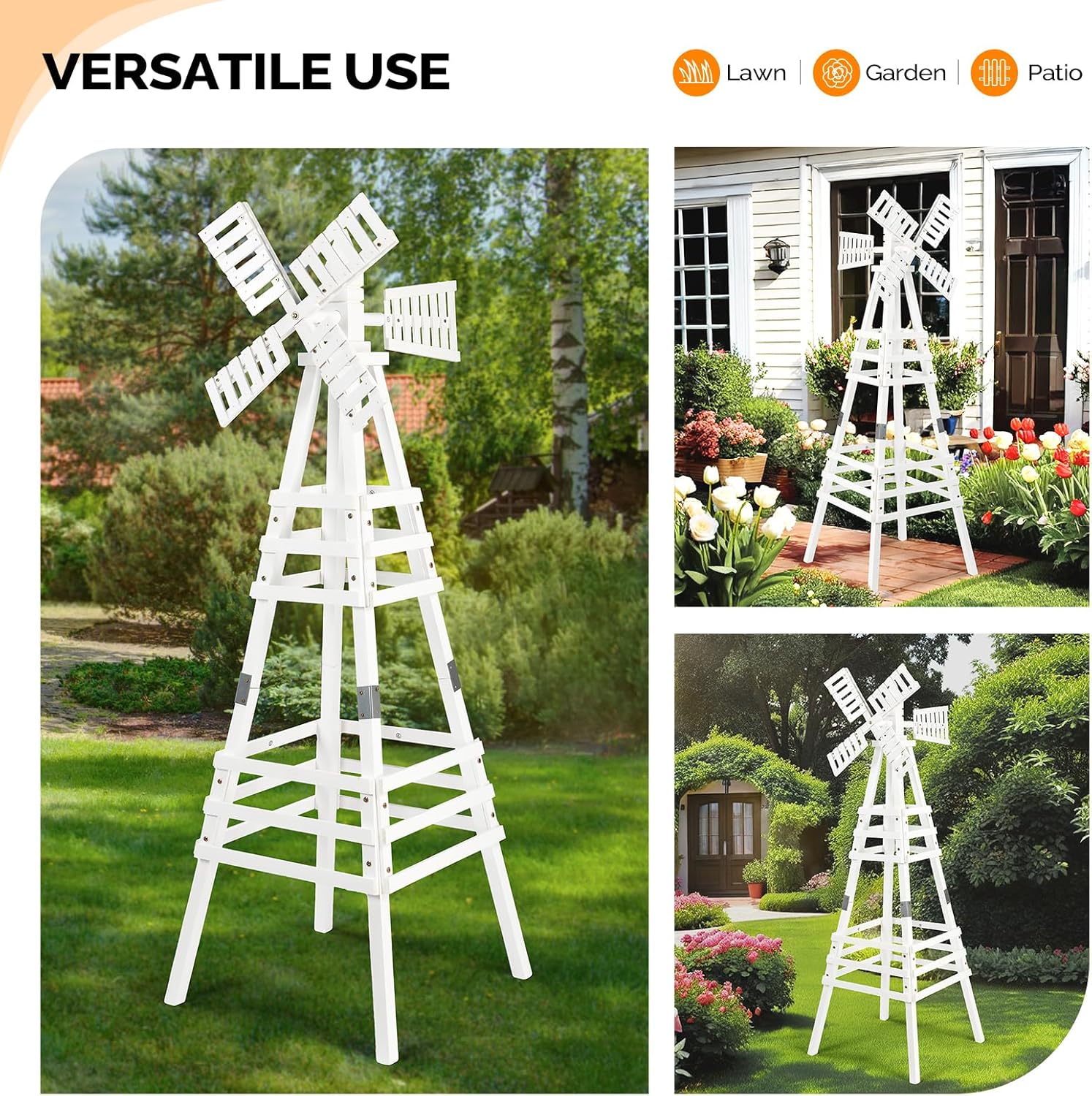 Wooden Windmill, Weather-Proof Wind Spinner, Outdoor Wind Mill for Garden Lawn Patio Decoration (White, Medium)