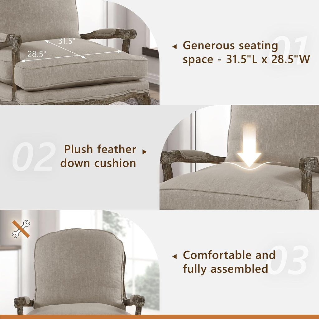 Lexicon French Country Wood Accent Chair, Carved Frame, Neutral | Living Room Chair with Carved Show Wood Frame, Cabriole Legs, Padded Arms, Reversible Cushion, Arrives Assembled