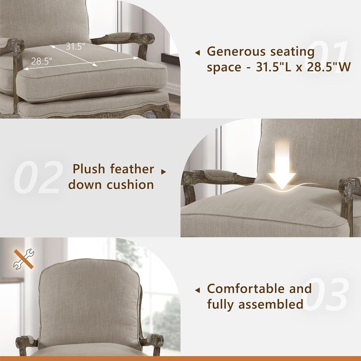 Lexicon French Country Wood Accent Chair, Carved Frame, Neutral | Living Room Chair with Carved Show Wood Frame, Cabriole Legs, Padded Arms, Reversible Cushion, Arrives Assembled