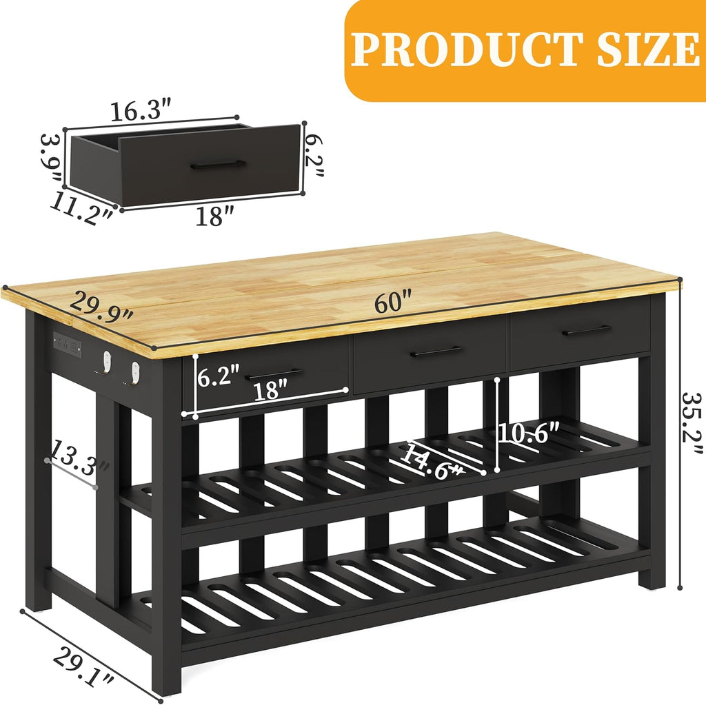 DynJest 60" Solid Rubberwood Kitchen Island with Power Outlets - Extra Large Work Surface, 3 Drawers & 2 Open Shelves Storage Cabinet for Kitchen Dining Room, Farmhouse Style (Black)