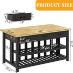 DynJest 60" Solid Rubberwood Kitchen Island with Power Outlets - Extra Large Work Surface, 3 Drawers & 2 Open Shelves Storage Cabinet for Kitchen Dining Room, Farmhouse Style (Black)