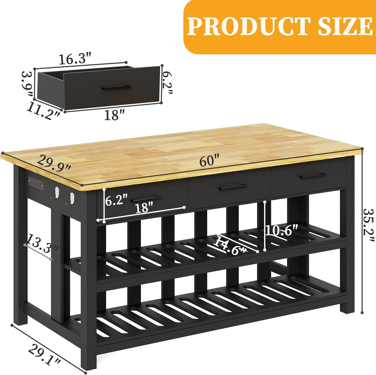 DynJest 60" Solid Rubberwood Kitchen Island with Power Outlets - Extra Large Work Surface, 3 Drawers & 2 Open Shelves Storage Cabinet for Kitchen Dining Room, Farmhouse Style (Black)