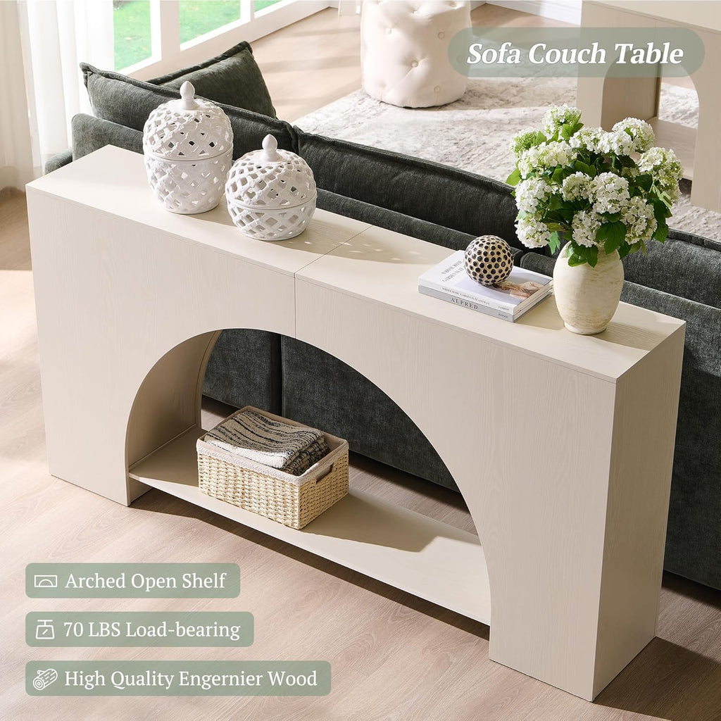 IFGET 63" Arched Console Table, 2-Tier Modern Entryway Table with Arched Base, Narrow Long Wood Sofa Table Behind Couch Table for Living Room, Hallway, Foyer, Cream