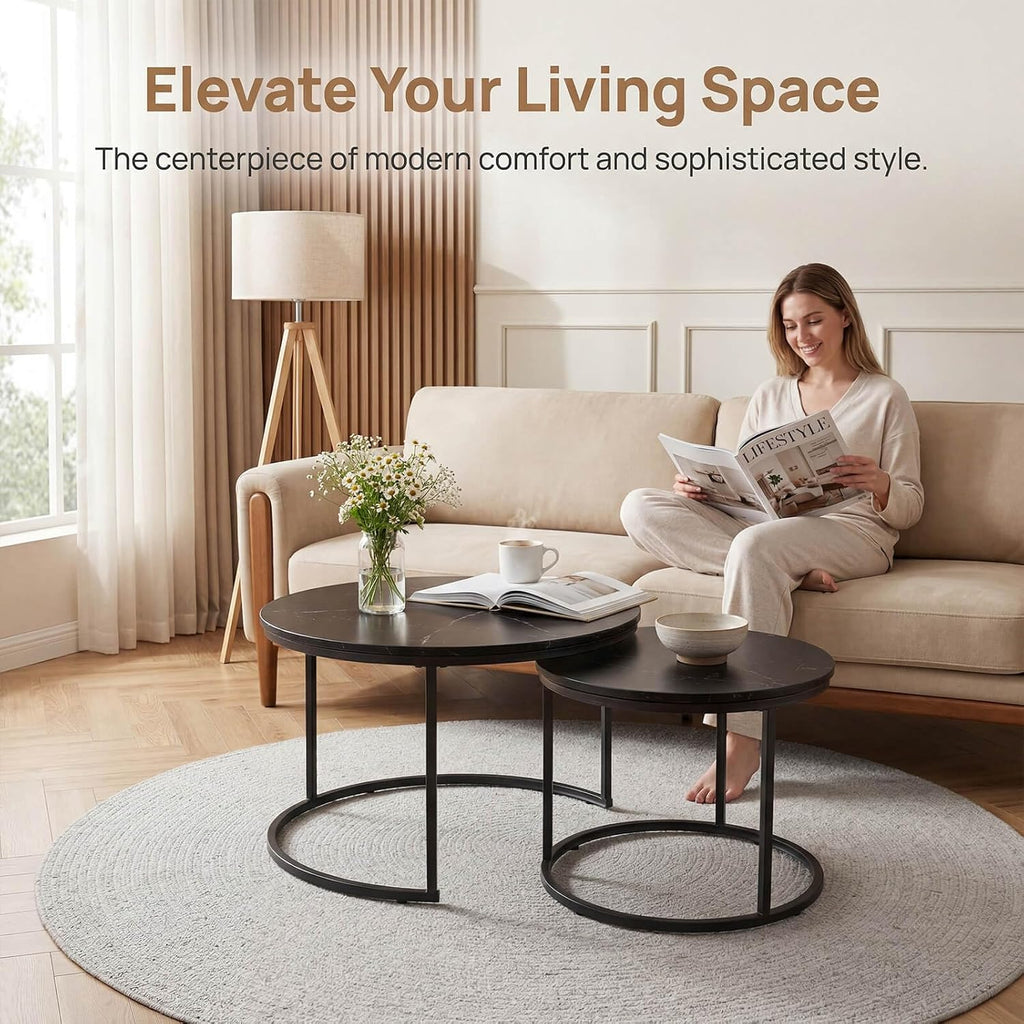 Nesting Coffee Table Set of 2, Round Nesting Tables with Marble-Look Top and Metal Frame, Modern Coffee Table Set for Small Spaces, Stackable Side End Tables for Living Room Bedroom etc. (B)