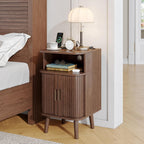 Whalefall Night Stand Set of 2 with Charging Station, Mid Century Modern Fluted End Tables with Cabinet for Living Room, Curved Round Edge Wood Beside Table with Slide Tambour Doors, Walnut