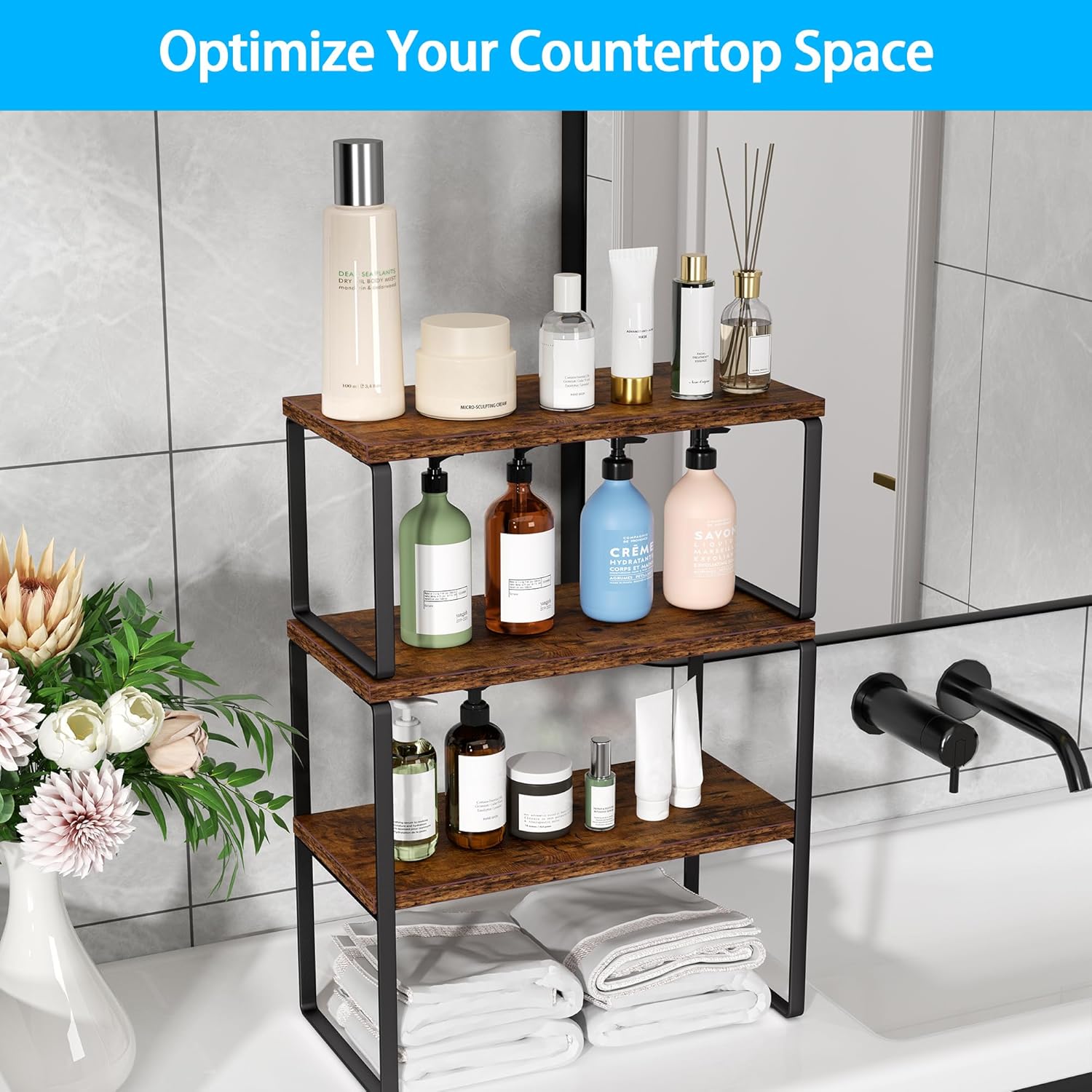 Golener Countertop Organizer Corner Shelf, 2-Tier Adjustable Stackable Corner Shelves for Kitchen, Spice Rack, Coffee Area, Over Sink, Bathroom, Dresser Table, Corner Counter Shelf Stand, Rustic Brown