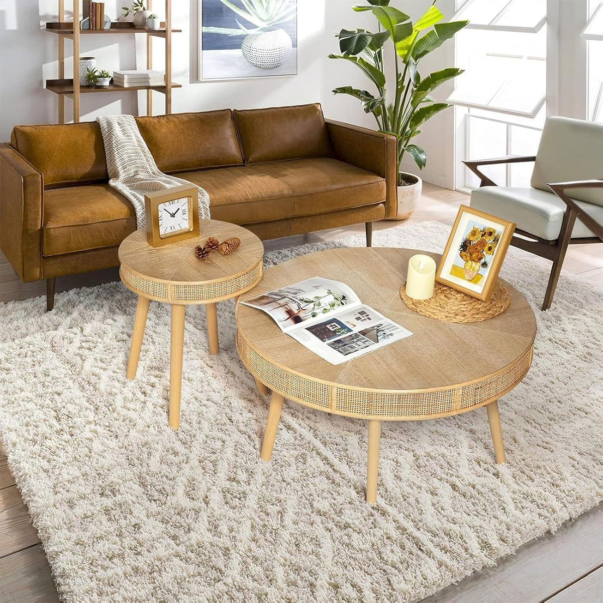 RUSTOWN 2-Piece Round Coffee Table Set with Rattan Accent, Soild Wood Leg, Farmhouse Modern Side Tables for Living Room, Boho Decor, Natural Finish