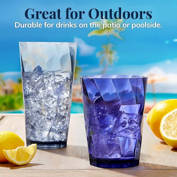 US Acrylic Optix Plastic Reusable Drinking Glasses (Set of 16) 14oz Rocks & 20oz Water Cups in Coastal Colors | BPA-Free Tumblers, Made in USA | Top-Rack Dishwasher Safe