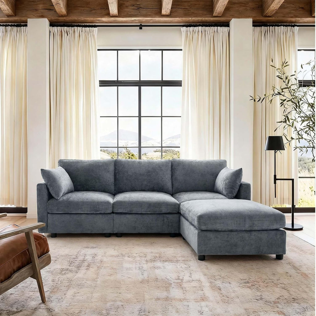 Iroomy Sectional Couch for Living Room, Comfy L Shaped Convertible Sofa, 4 Seater Modern Chenille Sofa with Ottoman, Grey