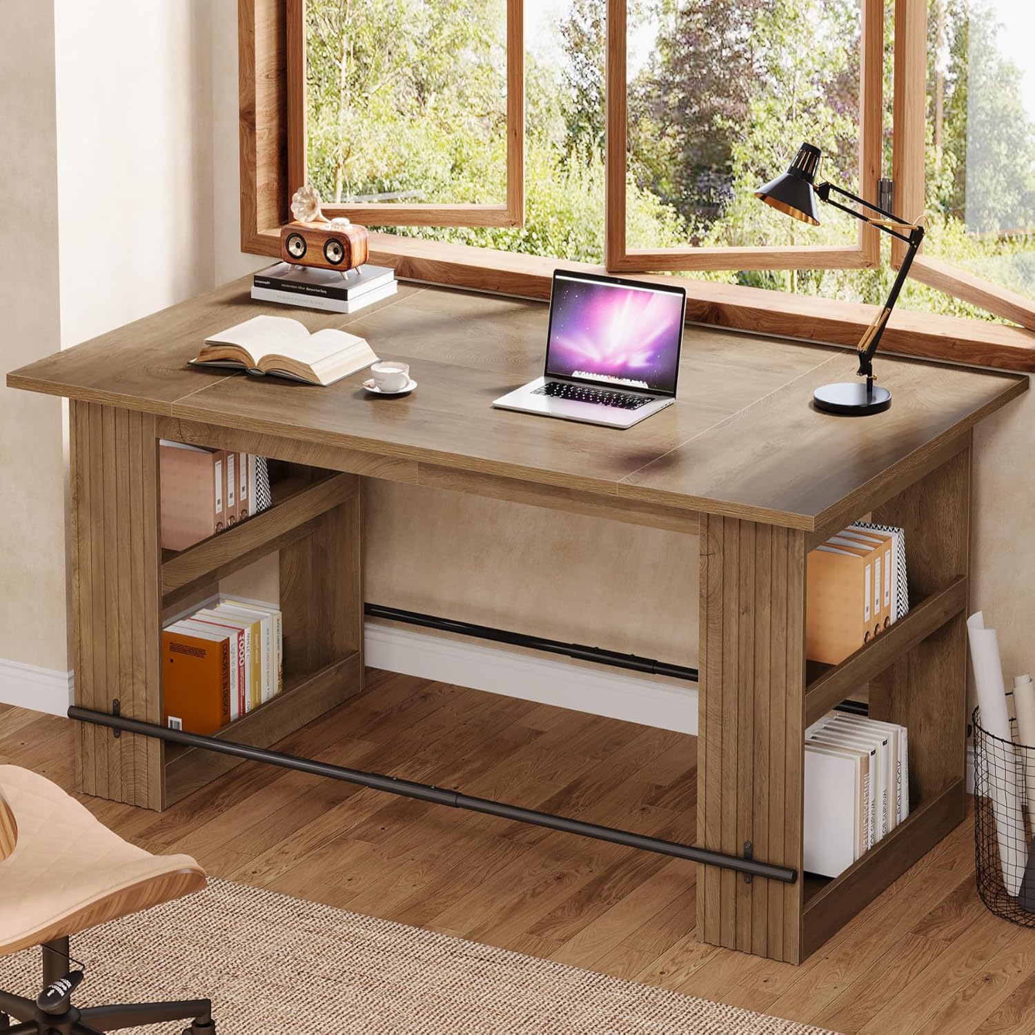 Tribesigns 63" Kitchen Island with Storage, Farmhouse Wood Stationary Island Table with Large Worktop & Leg Room, Coffee Bar Table for Kitchen, Dining Room, Living Room, Rustic Brown