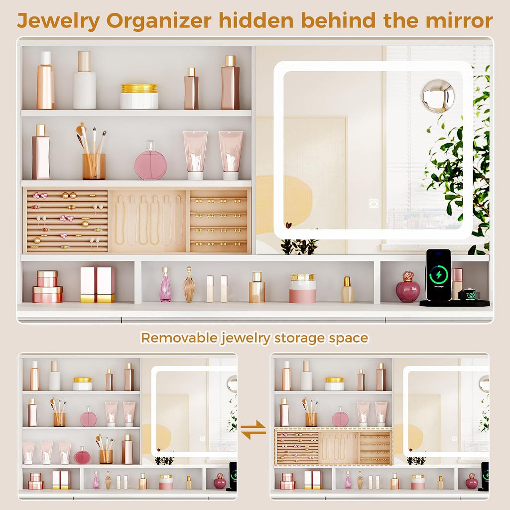 ANWBROAD Large Vanity Desk with Sliding Mirror and Lights& Jewelry Storage | White Makeup Vanity Desk with 11 Drawers,6 Shelves, 3 Color Lights,Dressing Table with Vanity stool, Power Outlet for Women