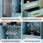 Modern Wine Bar Cabinet with Tempered Glass Door – Wine Rack, Drawers & Ample Storage – Freestanding Sideboard Buffet for Dining Room, Kitchen, or Coffee & Liquor Display – Green