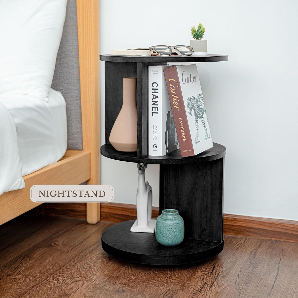 KAYMILY Round End Tables, Mid Century Modern 3 Tier Side Table for Living Room, Bedroom, Office, 25" Tall Accent Nightstand with Open Storage Shelves, Easy Assembly, MDF Wood - Rotating - Black