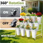 3 Layers Flower Display Stand with Buckets, 12 PCS Buckets Plant Stand with Wheels, Movable Metal Plant Stand for Terrace Garden, Living Room, Florist Shop