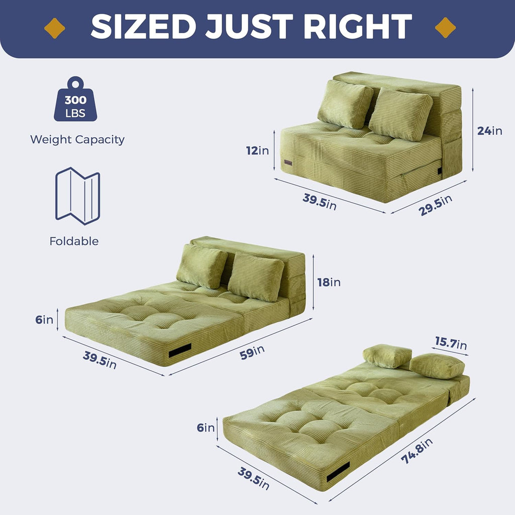 MAXYOYO Convertible Sofa Bed, Fold Out Loveseat Sofa Couch with Pillow, 4 in 1 Tufted Folding Couch Bed Foam Floor Couch, Lazy Chair for Living Room Bedroom Guest Room, Green