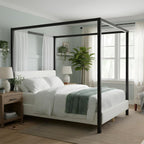 LUMISOL Queen Size Metal Canopy Bed with Upholstered Headboard, Modern Black Four Poster Bed Frame, Heavy Duty Canopy Platform Bedframe with Wood Slat Support & White Boucle Upholstery Fabric