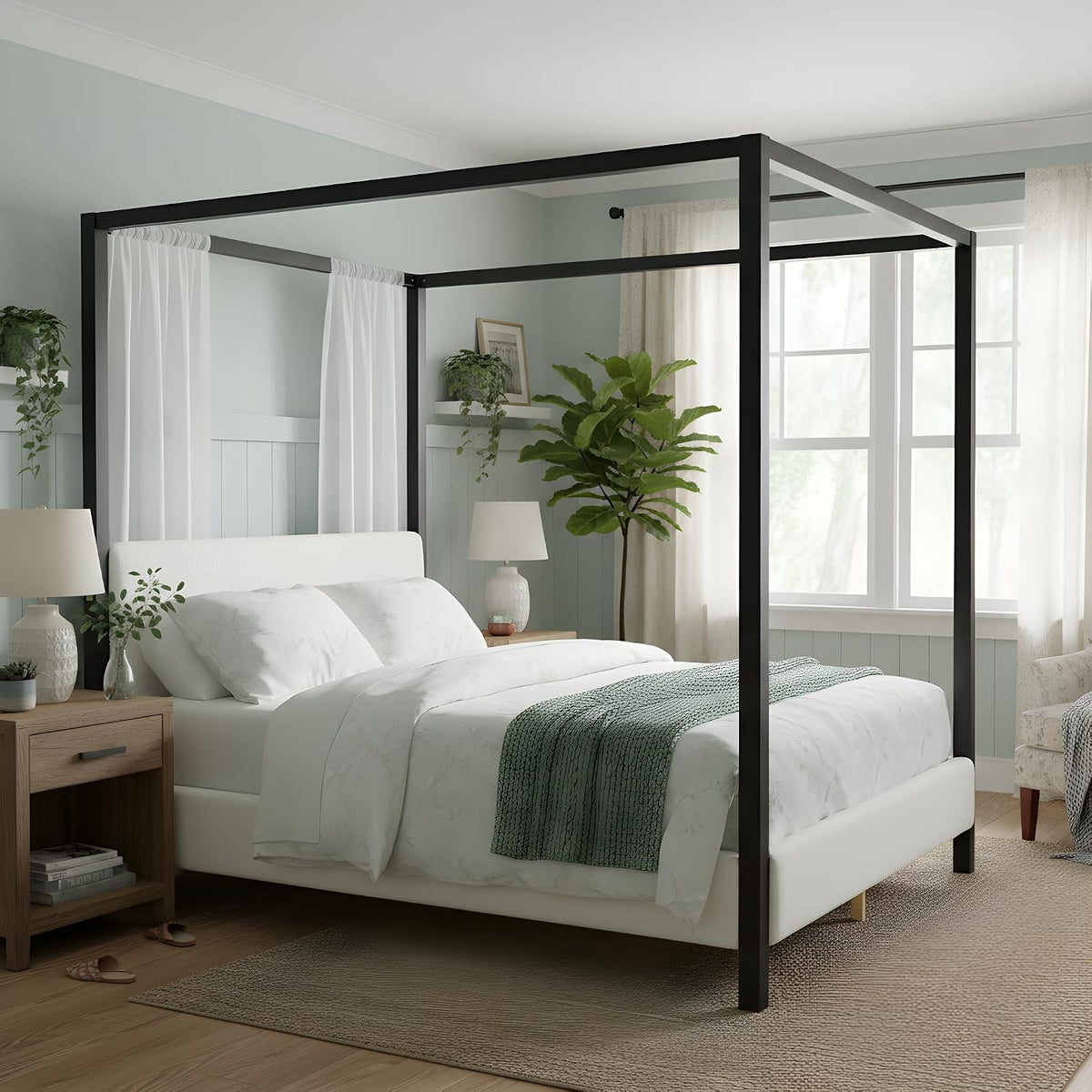 LUMISOL Queen Size Metal Canopy Bed with Upholstered Headboard, Modern Black Four Poster Bed Frame, Heavy Duty Canopy Platform Bedframe with Wood Slat Support & White Boucle Upholstery Fabric