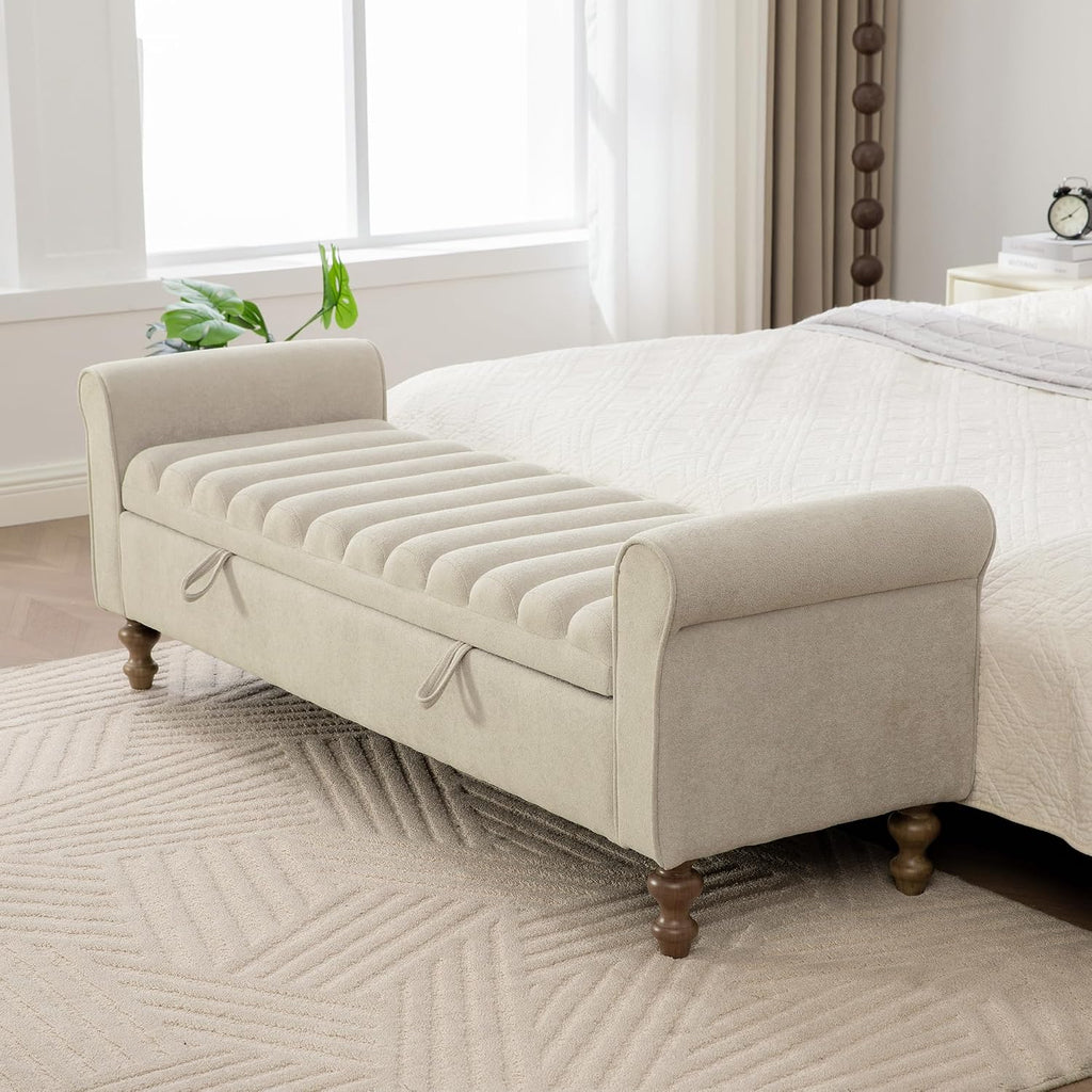 KEIKI 65.6" Modern Upholstered Storage Bench with Double Lids, Ottoman with Storage, Ottoman Bench with Rolled Armrest, Rubberwood Legs, for Bedroom, Living Room, Entryway & Window, Griege