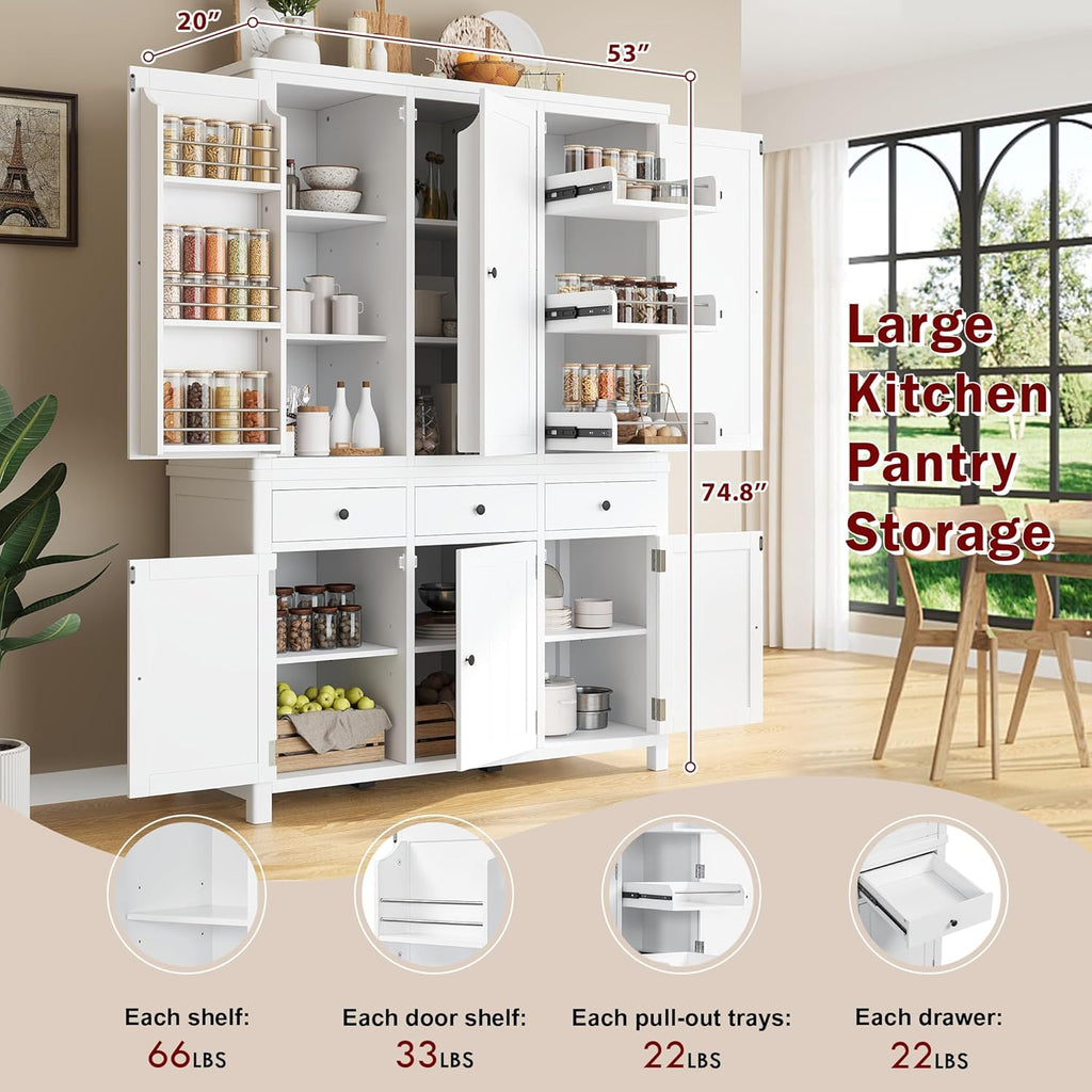 Farmhouse 74.8''H High Freestanding Kitchen Pantry,Large Cupboard Storage with Door Shelves,Adjustable Shelves, Pull-Out Trays and Drawers (White-A)