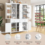 Farmhouse 74.8''H High Freestanding Kitchen Pantry,Large Cupboard Storage with Door Shelves,Adjustable Shelves, Pull-Out Trays and Drawers (White-A)