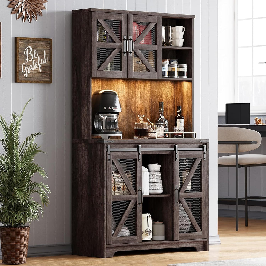 71" Farmhouse Pantry Storage Cabinet With LED Lights and Charging Station, Tall Kitchen Cupboard With Adjustable Shelves and Doors, Rustic Oak