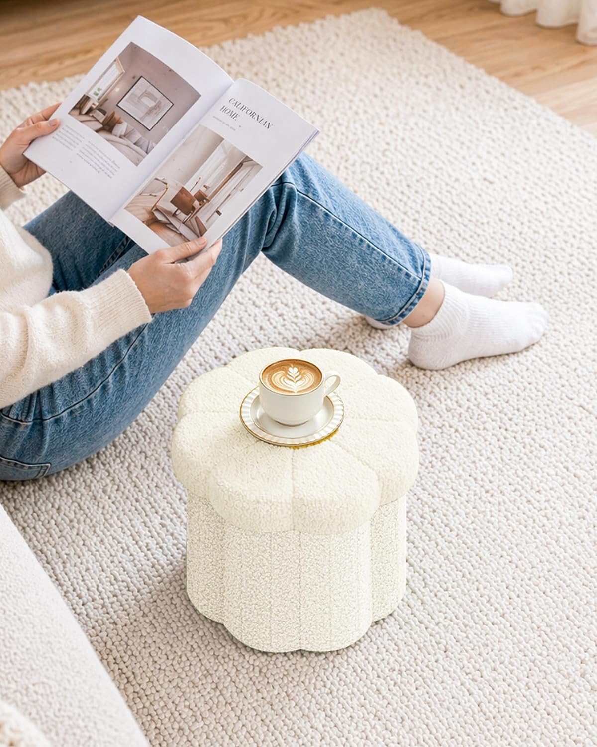 B FSOBEIIALEO Storage Ottoman Cube, 12.6" Ottoman with Storage, Cream White | Sunflower Shaped Footstool，Small Ottomans for Dorm , Faux Teddy Fur, Collapsible Folding Pouf Seat,Living Room, Entryway