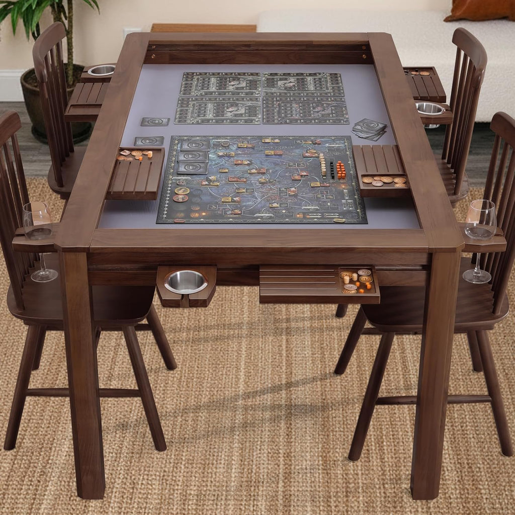 63" Solid Wood Board Game Table for Gaming/Dining, Removable Top | Gaming Table for 4–6 Players with 54" x 30.7" Play Area, Neoprene Play Mat, Leaf Storage Rack, 6 Cup Holders & Trays, Walnut