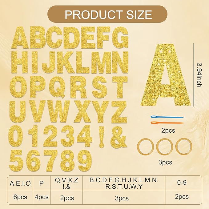 BEISHIDA 116 PCS A-Z Glitter Gold DIY Letter Banner Kit Make Your Own Banner，Including 111 Letters and Numbers 3 Rope and 2 Threading Device,Customized for Birthday Graduation Wedding Party Decor