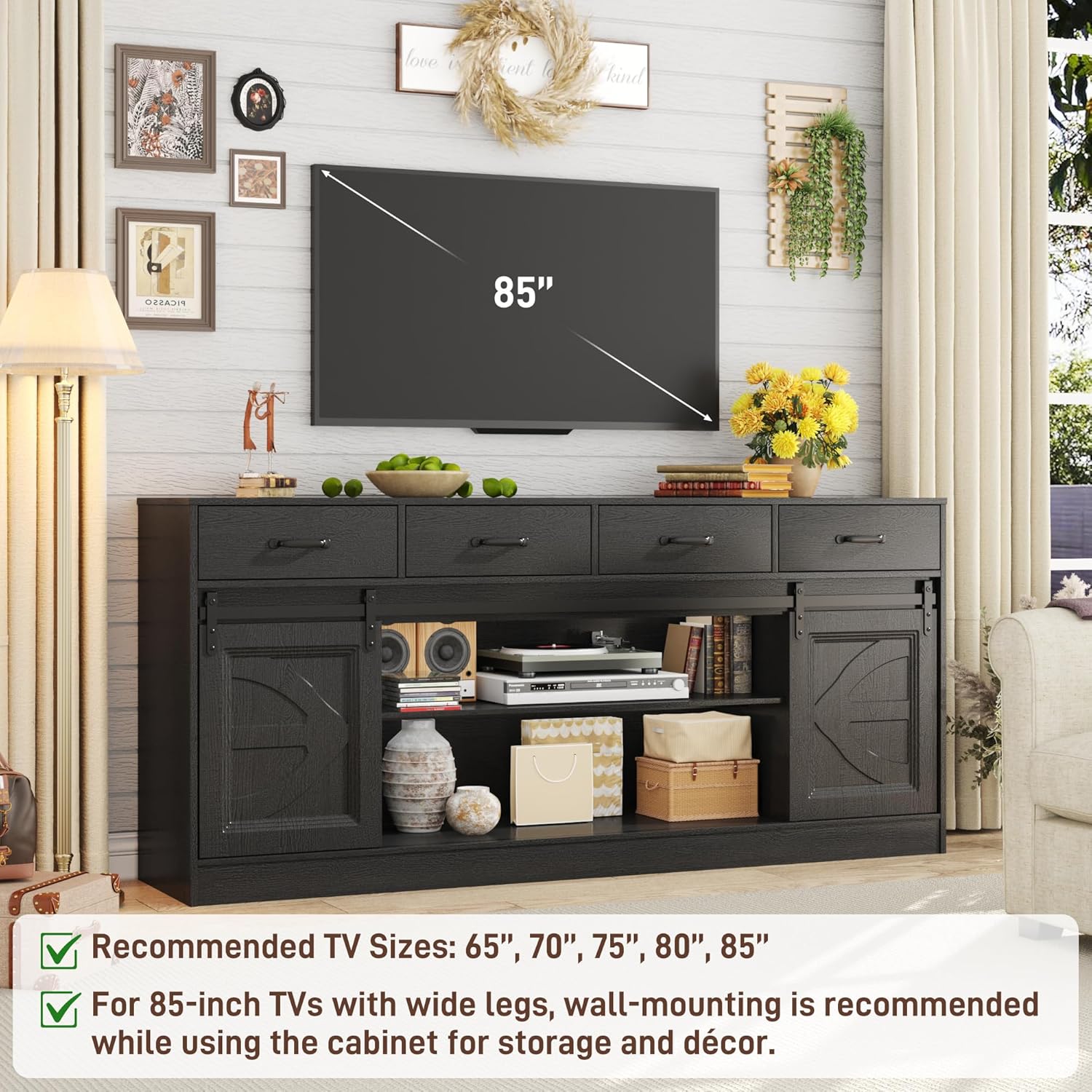 70” Large Buffet Sideboard Cabinet w/4 Drawer,Farmhouse Coffee Bar Cabinet Buffet with Storage,Sliding Door,Long Kitchen Buffet Table,Kitchen Sideboard Cabinet,Credenza for Dining Room,Black