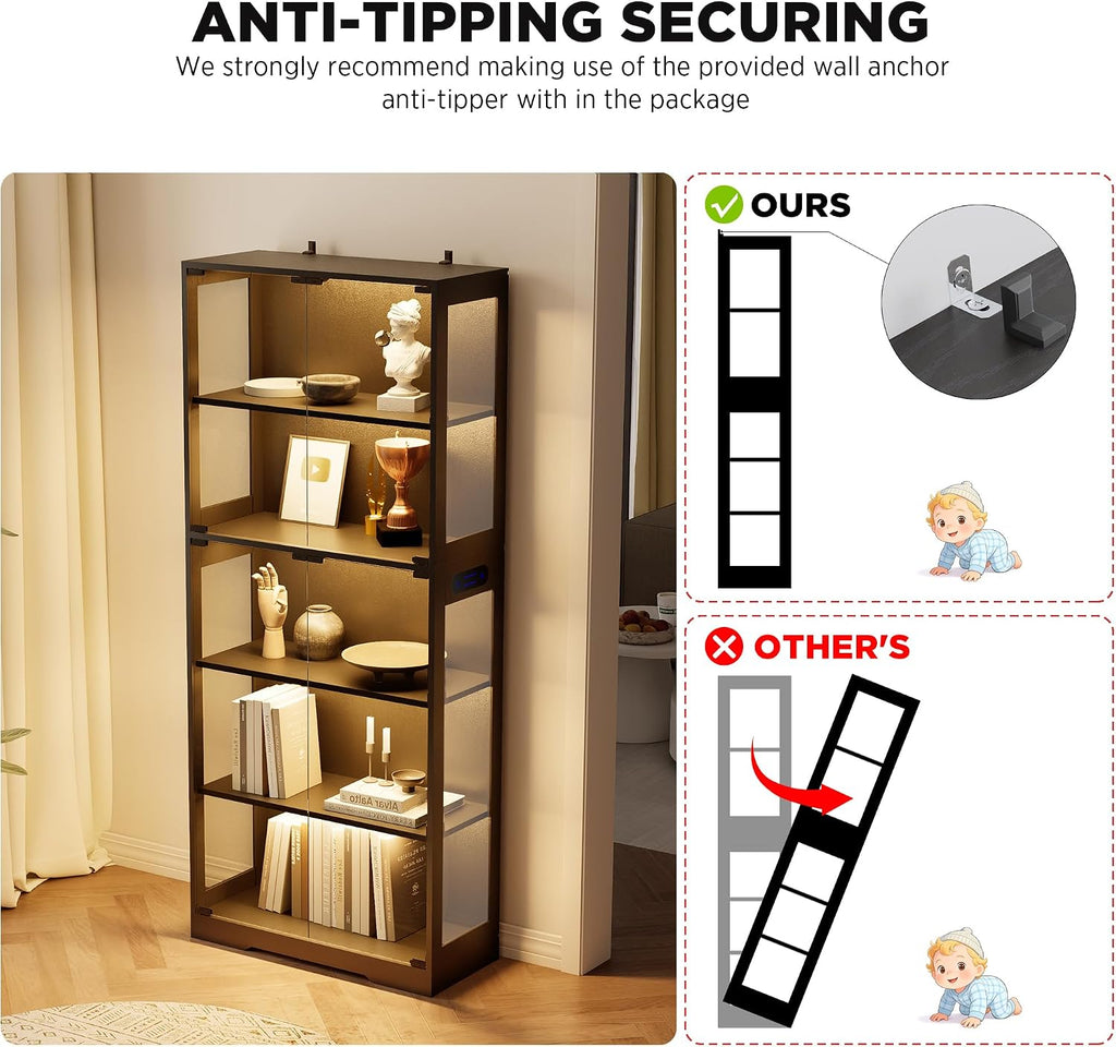 Display Cabinet with Glass Doors, 5-Tier 65" Glass Display Cabinet with LED 3-Color Lights & Human Body Sensor, Curio Cabinet with Textured Wood Shelves for Collectibles, Black Wood Frame