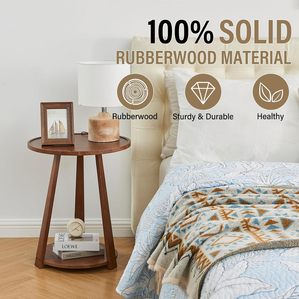 Round Living Room End Table - Walnut Solid Wood Round Side Table with Lower Shelf for Living Room Couch, Bedroom Nightstand