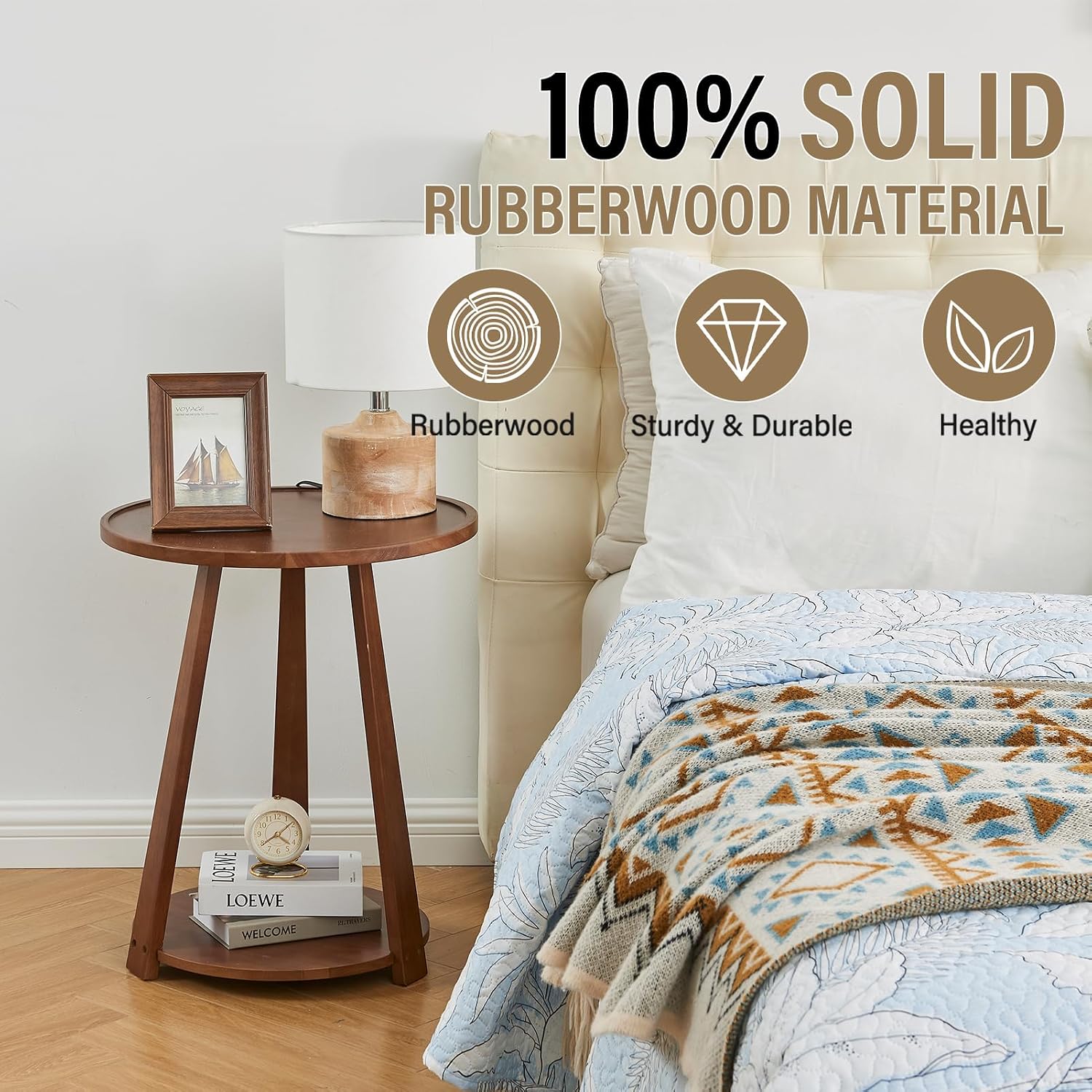 Round Living Room End Table - Walnut Solid Wood Round Side Table with Lower Shelf for Living Room Couch, Bedroom Nightstand