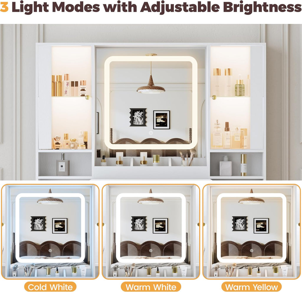 BORNOON Vanity Desk with Mirror and Lights, Makeup Vanity with 7 Drawers, 2 Glass Door Cabinets, Charging Station, Adjustable Shelves, RGB Lighting, Holder